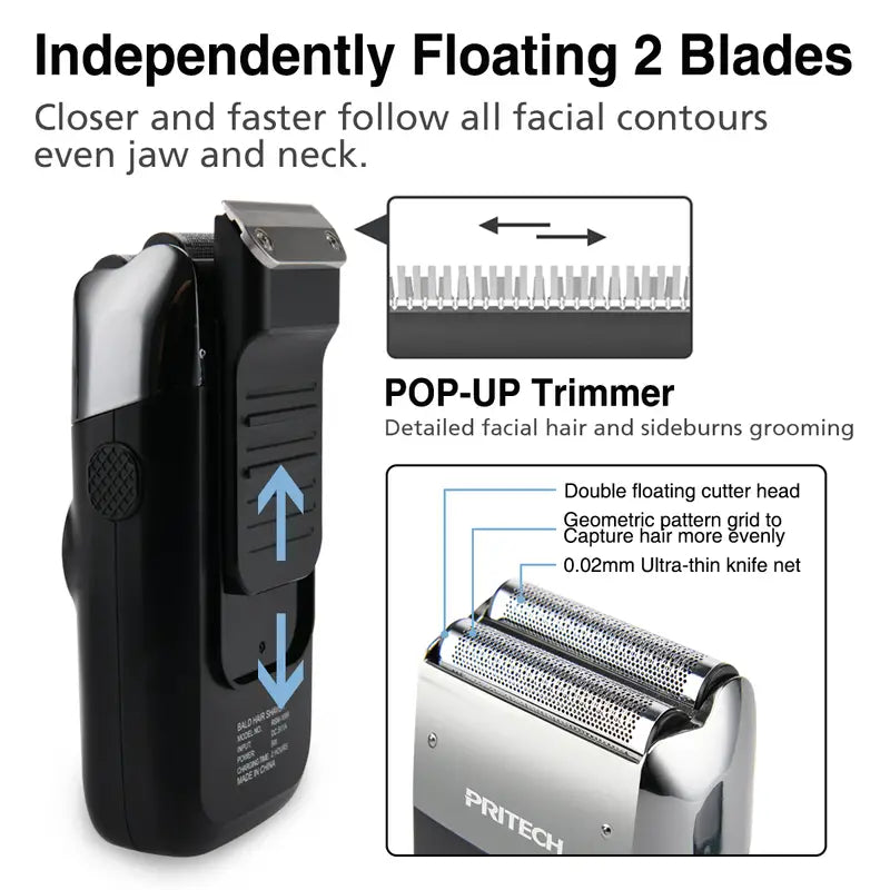 Pritech 2-in-1 Electric Shaver: Bald & Beard Trimmer, 3-Speed