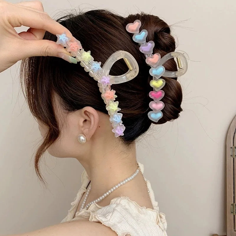 1 Pcs Women's Hair Banana Clip Heart Stars Dopamine Kawaii Sweet Cute Versatile Hair Grab High-quality Hair Accessories For Girl